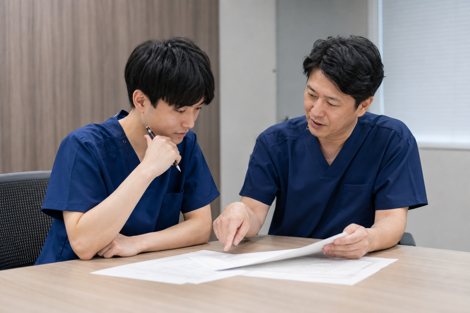 病院のカンファレンスルームで、指導者からアドバイスを受けながら書類を見つめるリハビリ職の学生