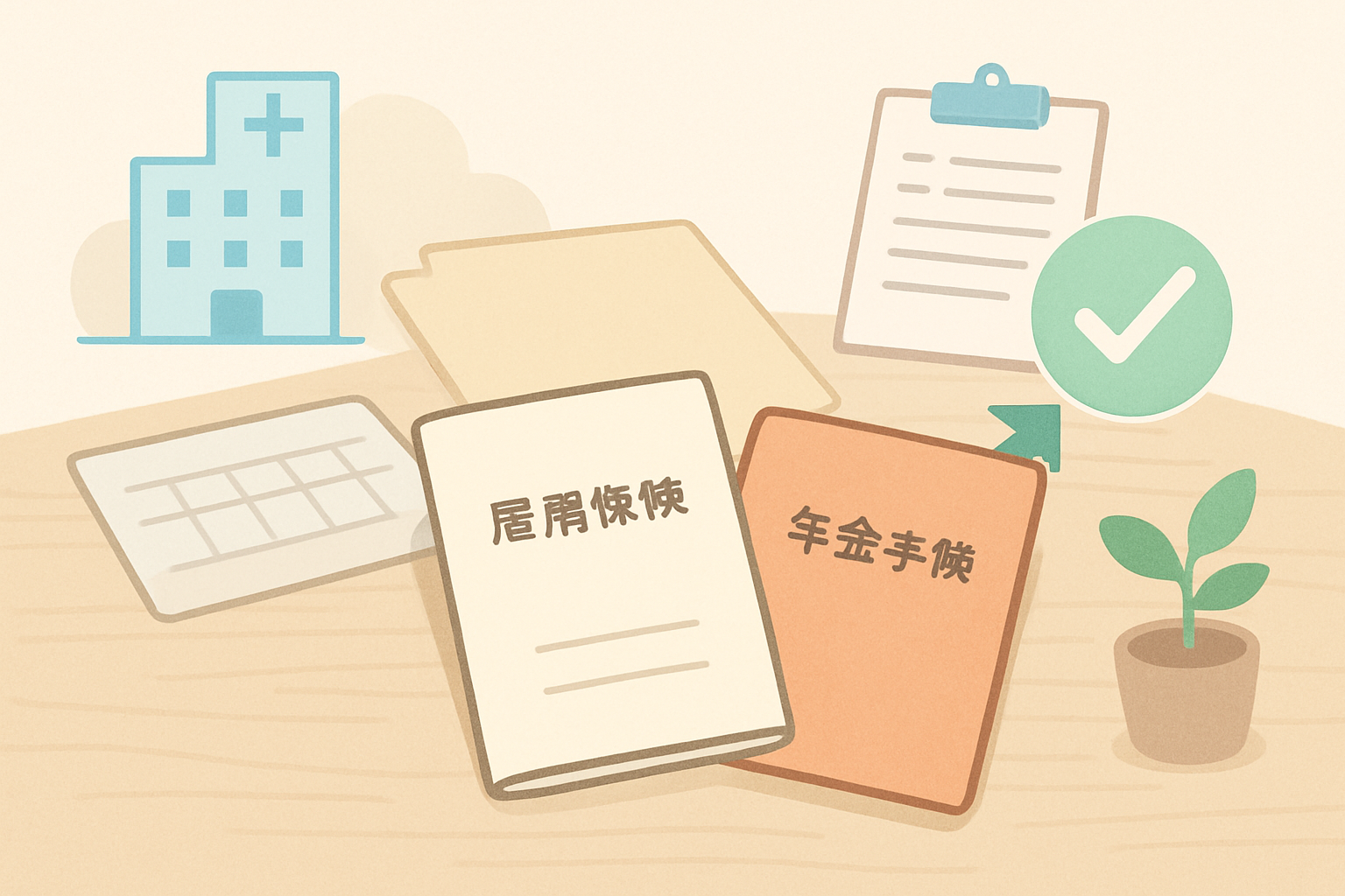 デスクの上で雇用保険被保険者証や年金手帳などの重要書類を確認する様子