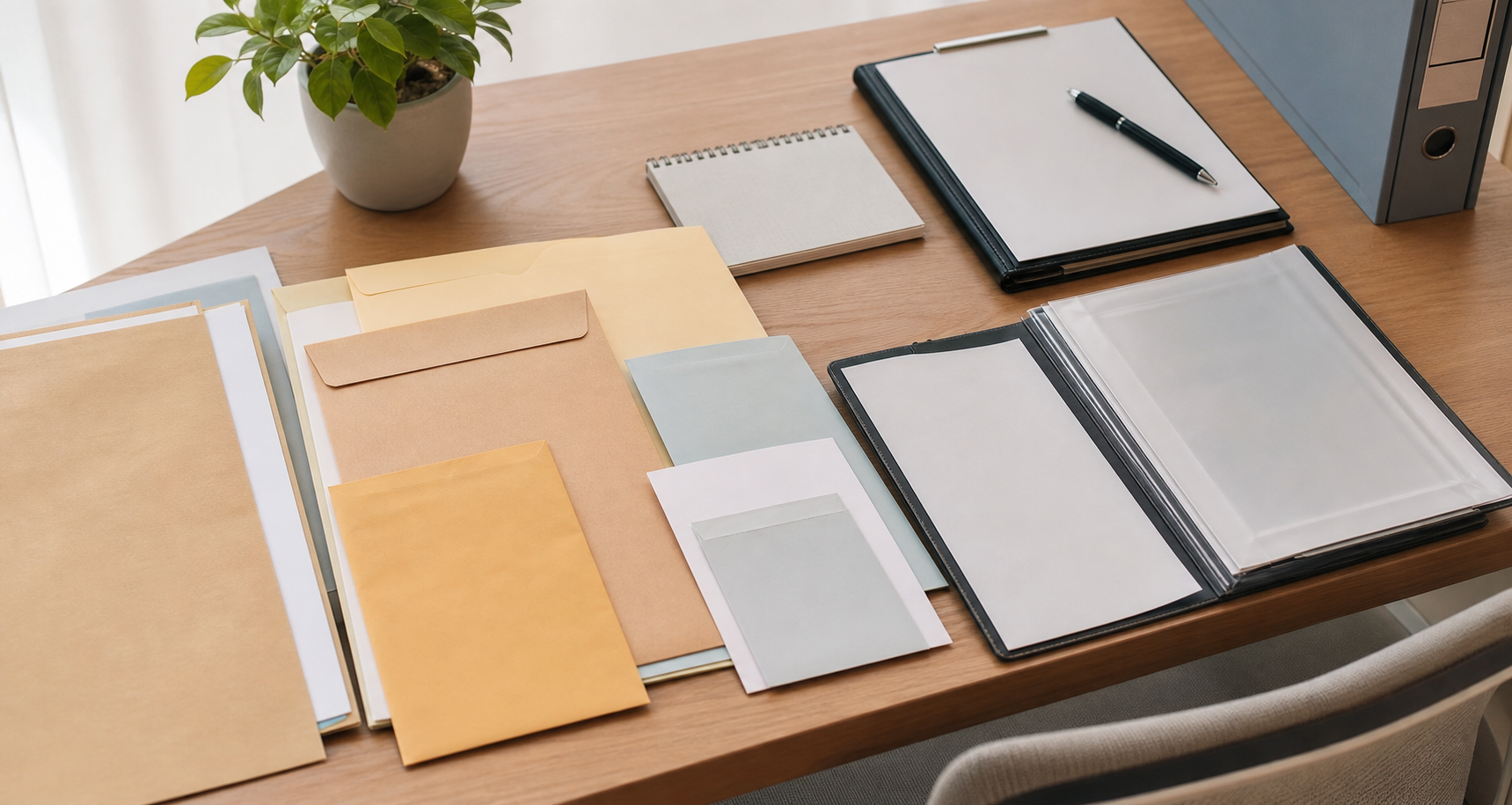 各種の証明書類や手続き用の封筒が整理されて並んでいる、落ち着いた色調のテーブル