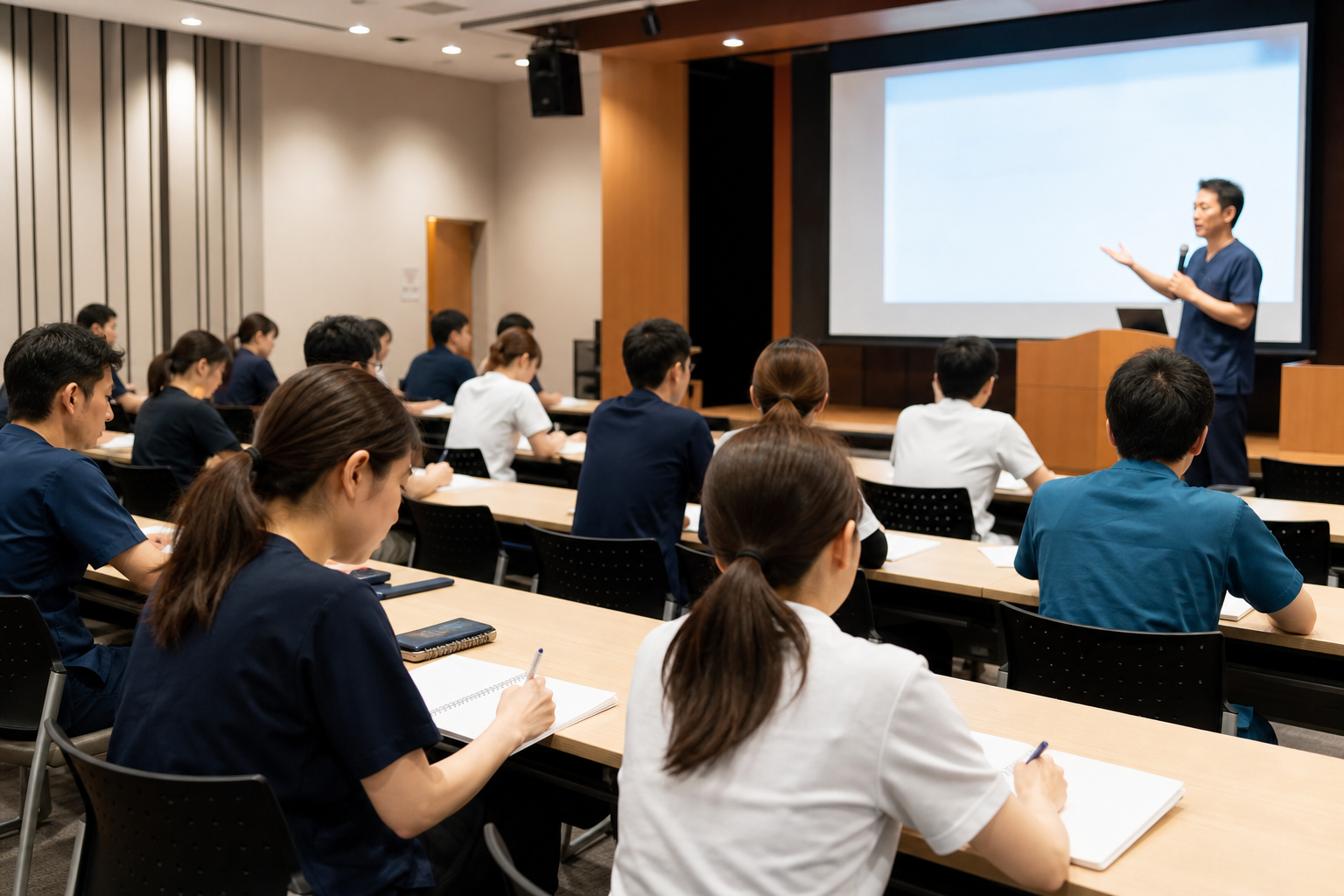 大講堂で開催されている専門的なリハビリテーション研修会で、講師の解説を熱心にメモしている受講者たちの様子