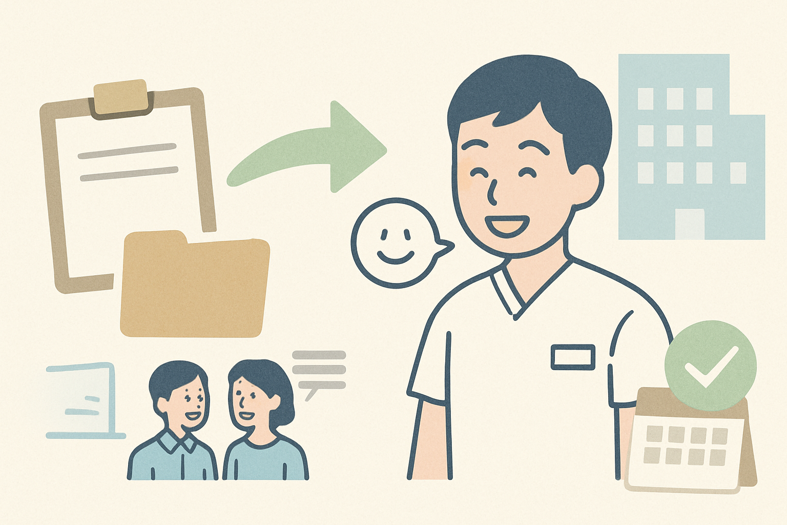 笑顔で新しい職場のスタッフと会話する作業療法士の様子