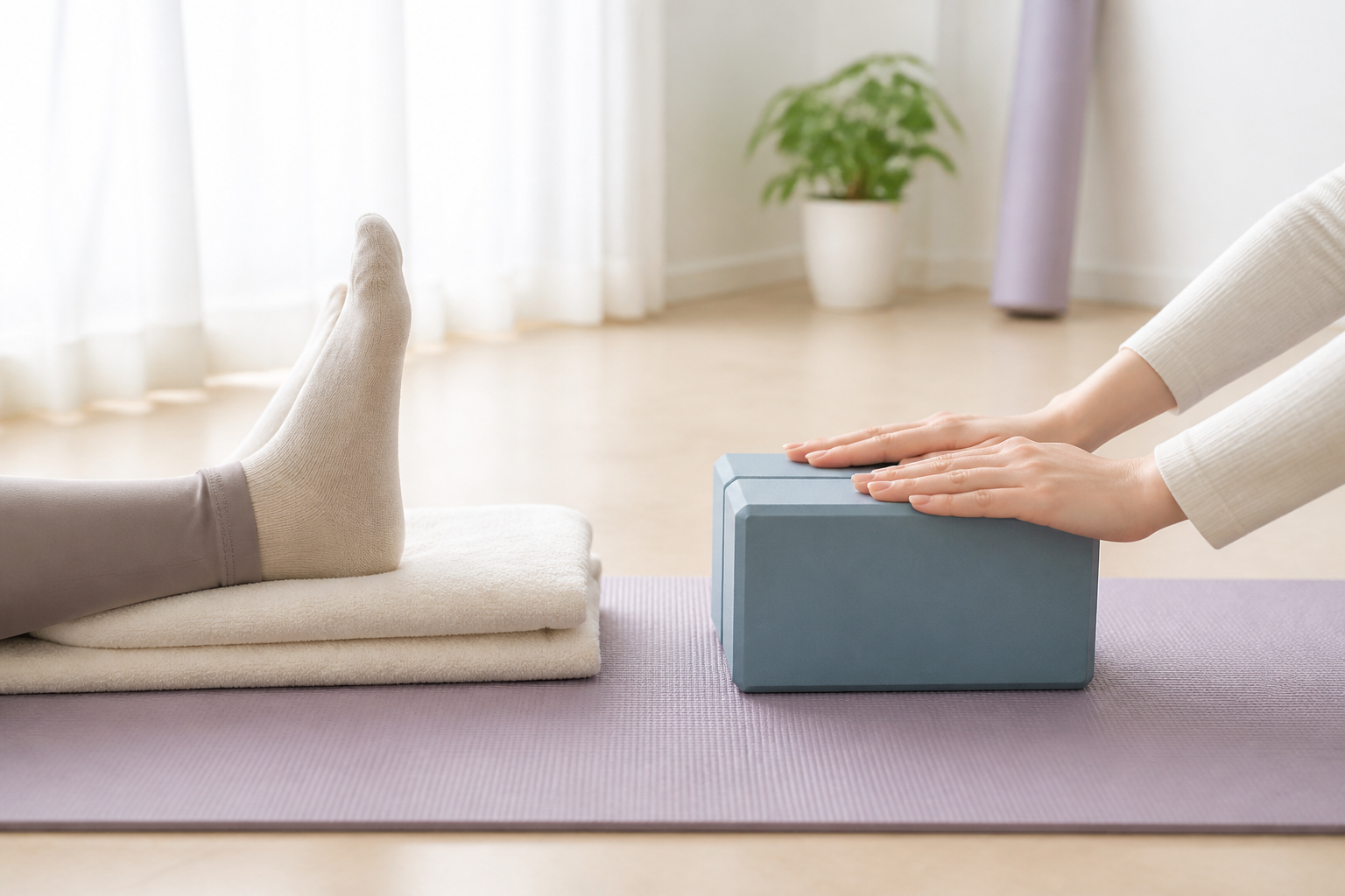 清潔感のある部屋でヨガブロックを使い足を伸ばしてストレッチを行う人の手元