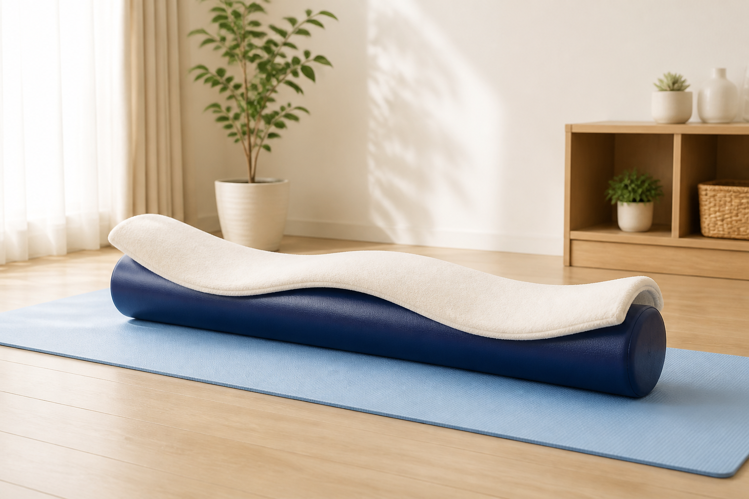 清潔感のある部屋でストレッチポールを使って心地よく背中を伸ばしリラックスしている人物の全身イメージ