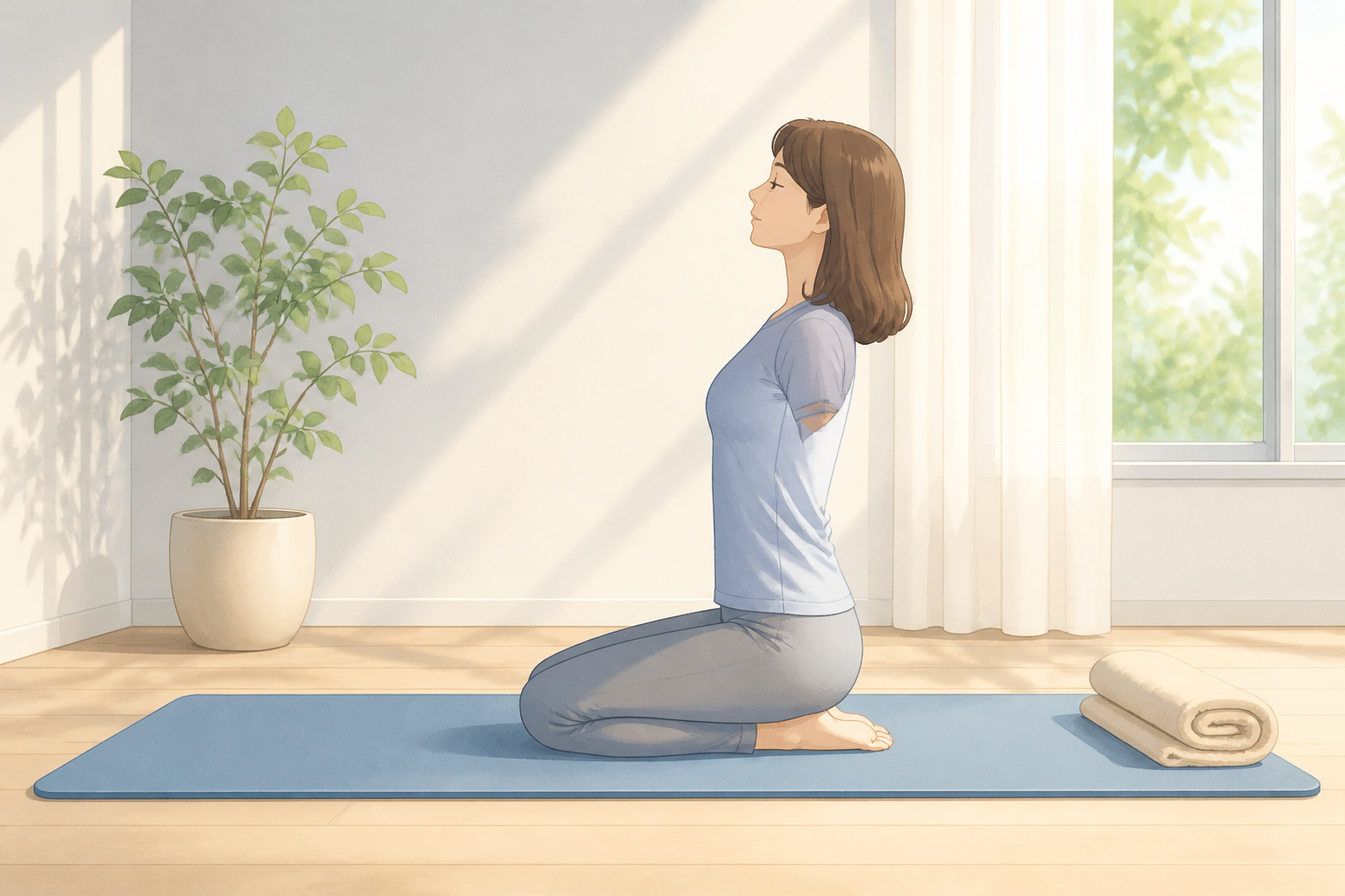 明るい室内でストレッチを行い背筋を伸ばしている人物の横姿