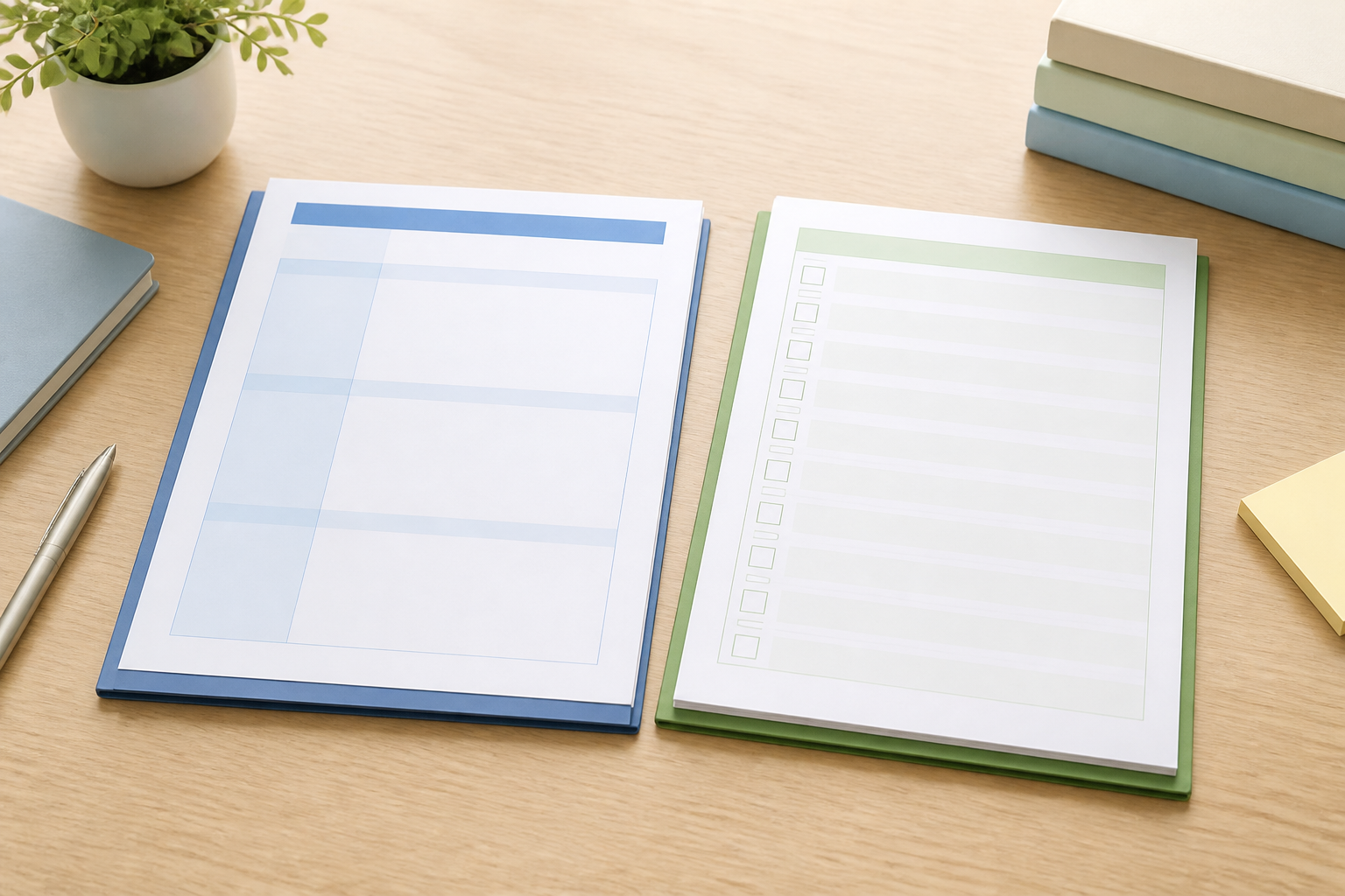 オフィスで求人票の書類とチェックシートを並べて特徴を比較している場面