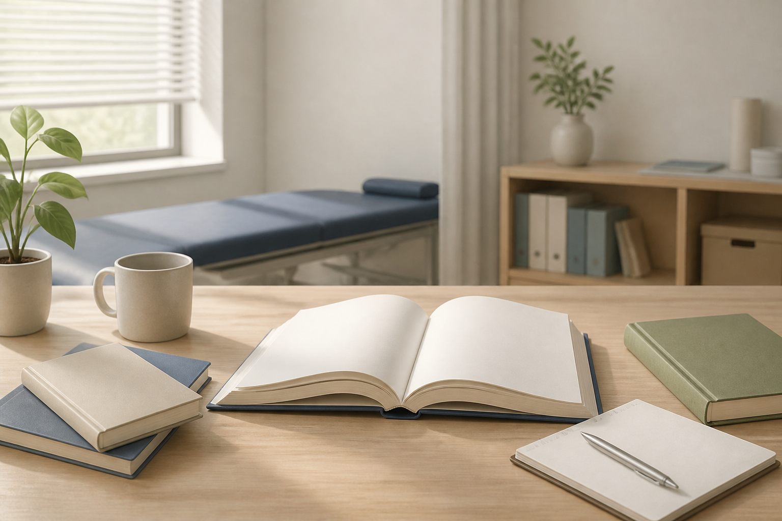 落ち着いた雰囲気の臨床室で専門書を開きながら自身のキャリアプランと給料の方向性を整理している場面